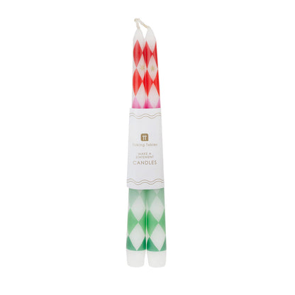 Harlequin Print Candle Pair | Multicoloured Festive Taper Candles