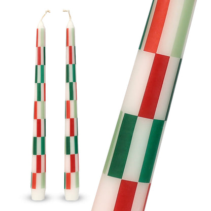Red & Green Check Dinner Candles - Pack of 2 | Festive Table Decor