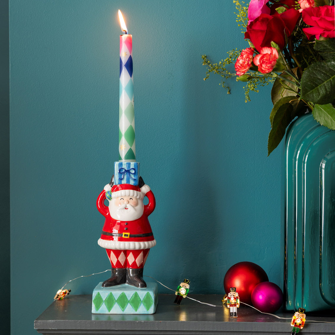 Harlequin Print Candle Pair | Multicoloured Festive Taper Candles