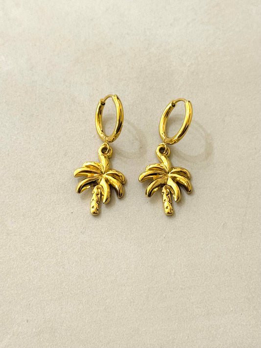 Palm Tree Hoop Earrings | Gold Waterproof Stainless Steel Hoops