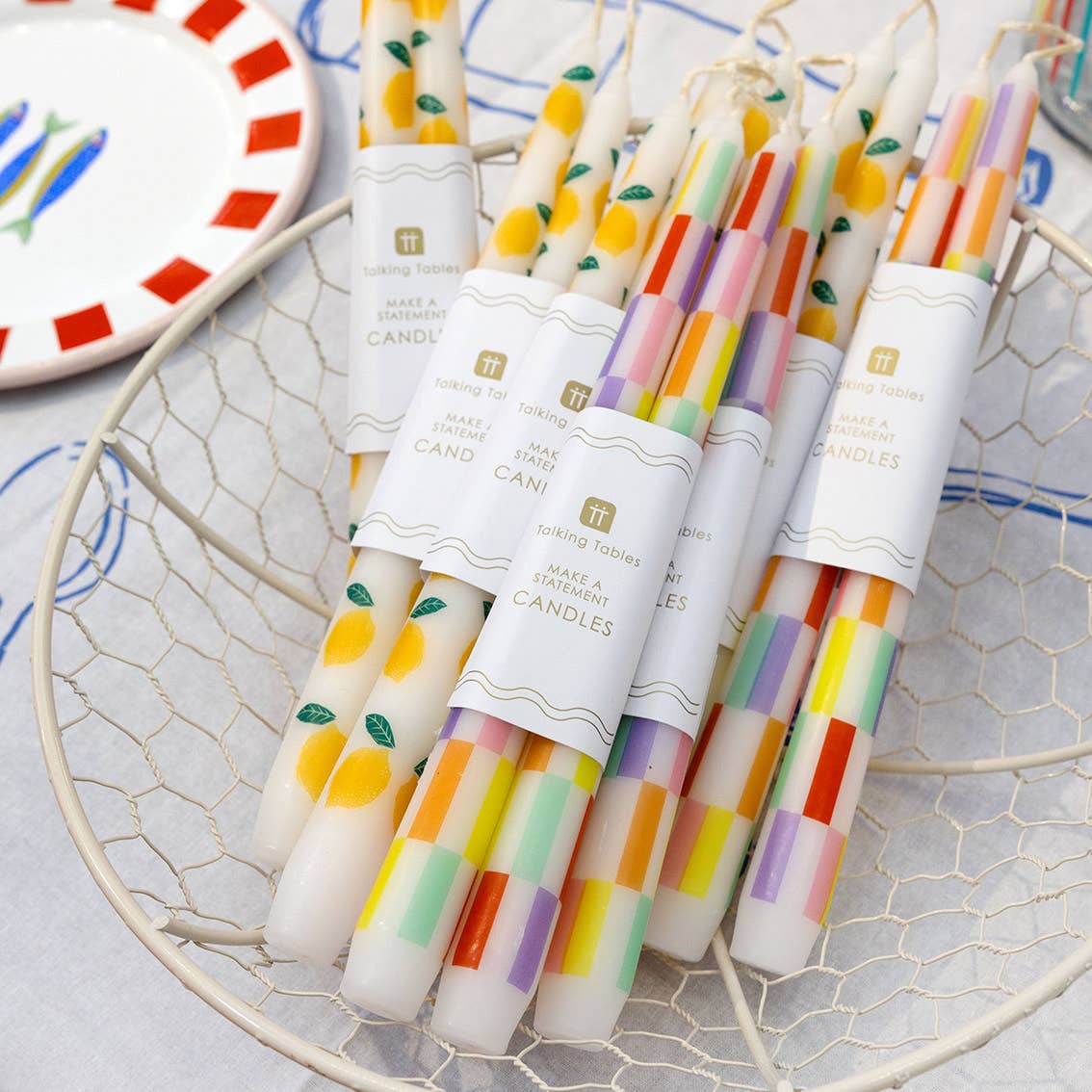 Multi Coloured Chequered Taper Dinner Candles | Chequered Home Decor