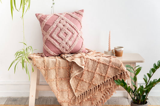 Textured Rose Pink Geo Pattern Cushion | Embroidered Textiles