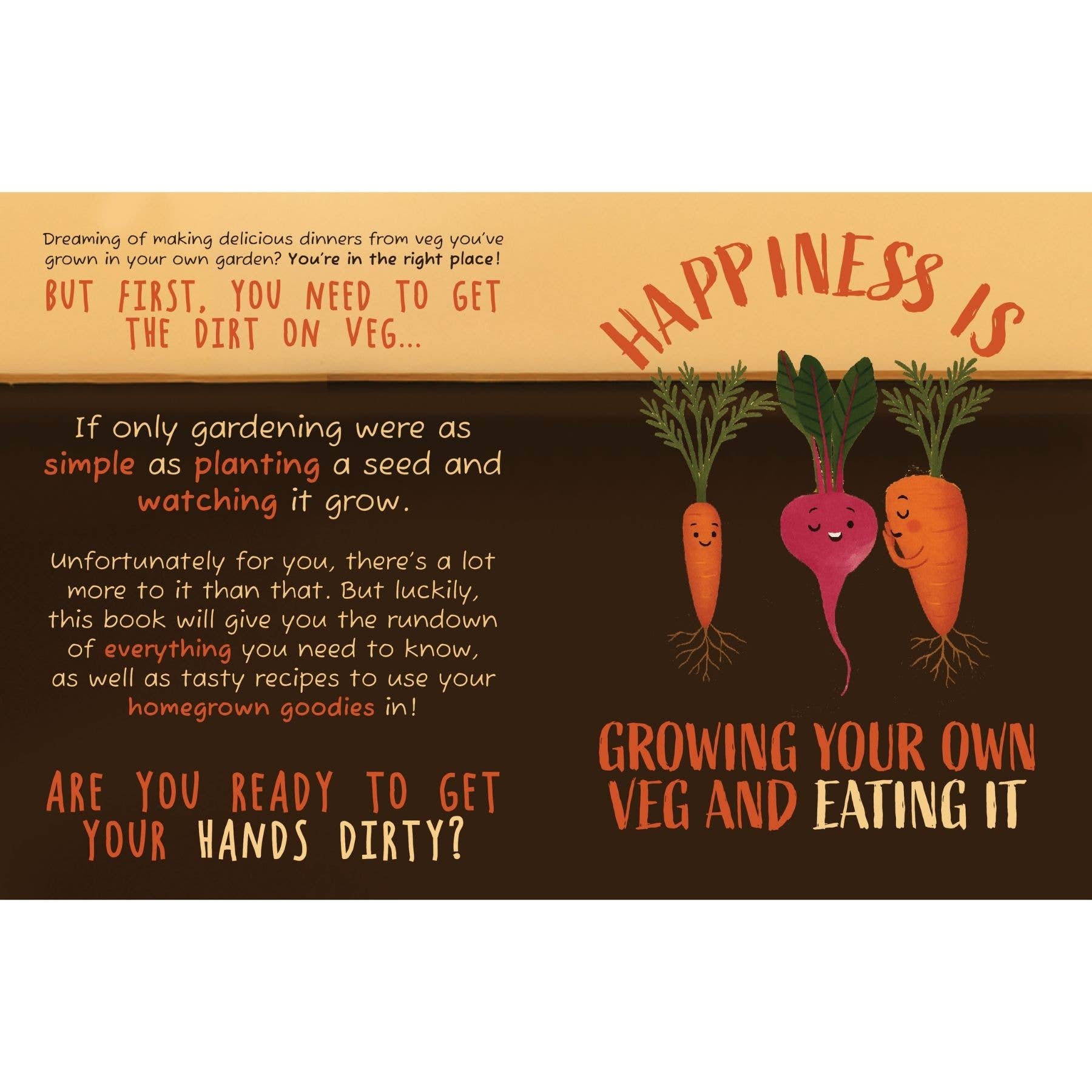 Book cover with text and cartoon vegetables on a brown background