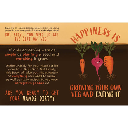 Book cover with text and cartoon vegetables on a brown background