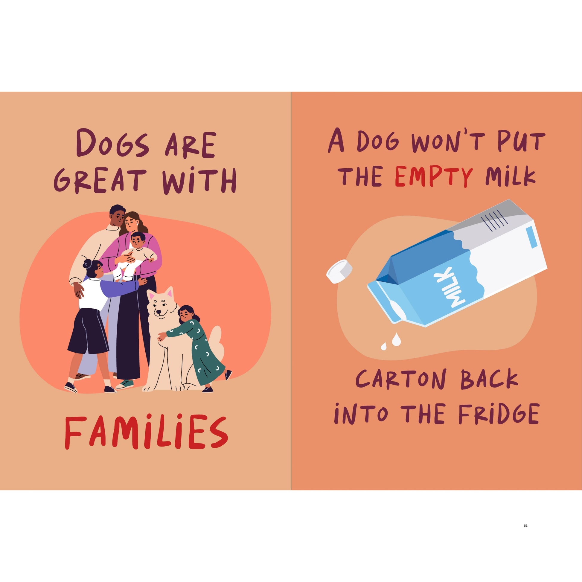 Illustration of a book with two panels about dogs and families.