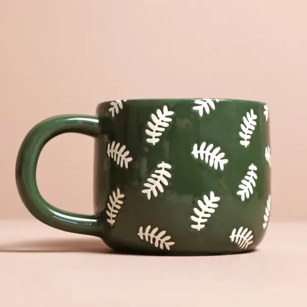 Ceramic Green Leafy Dad Mug | Fern Pattern Wax-Resist Design