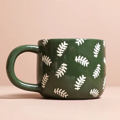Ceramic Green Leafy Dad Mug | Fern Pattern Wax-Resist Design