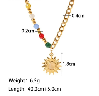 Necklace with sun pendant and colorful beads, showing measurements and weight on a white background.