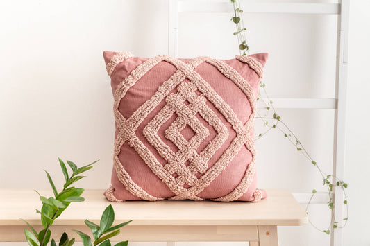 Textured Rose Pink Geo Pattern Cushion | Embroidered Textiles