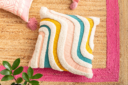 Waves Teal, Mustard & Pink Cushion | Embroidered Textiles