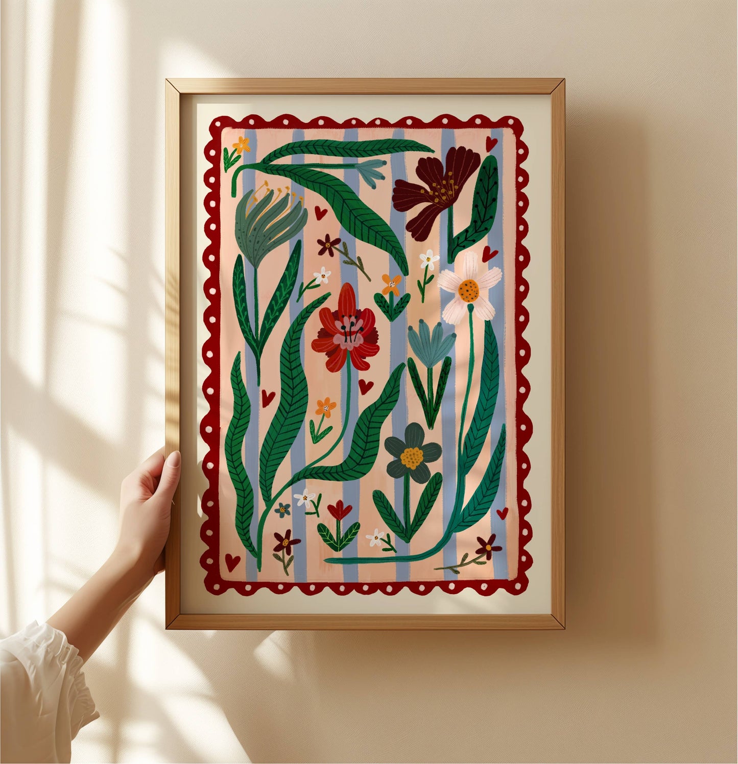Boho Flower Striped Art Print | Hand drawn wall art