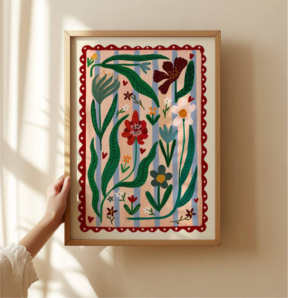 Boho Flower Striped Art Print | Hand drawn wall art