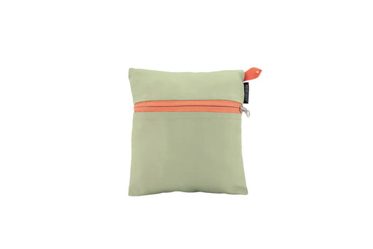 Green pouch with an orange zipper on a white background