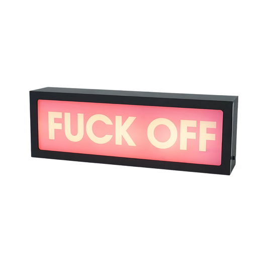 Rectangular light box with 'FUCK OFF' text on a white background