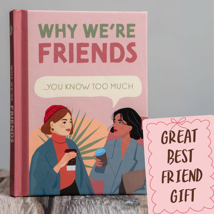 Book titled 'Why We're Friends' with illustration of two women and text on a pink background