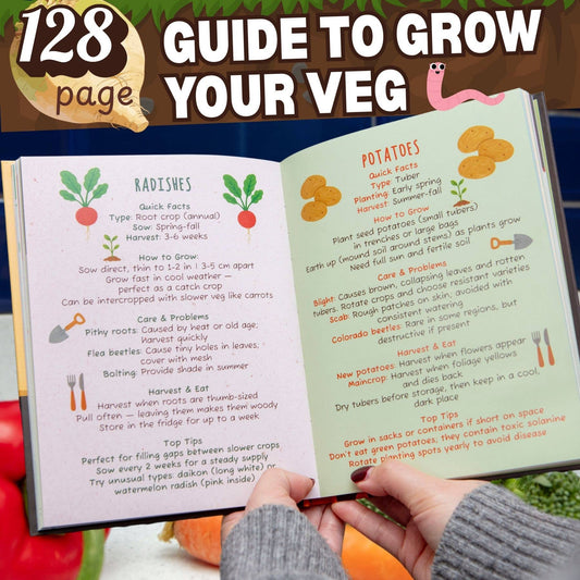 Open book on gardening with text and illustrations, held by hands with vegetables in the background.