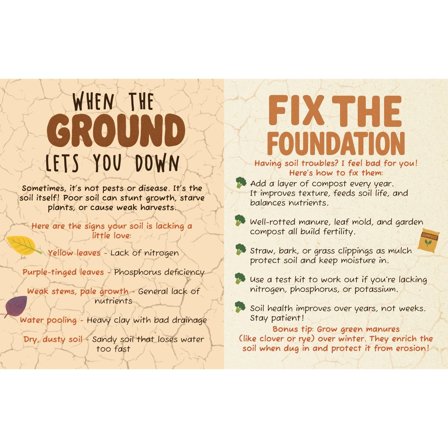 Educational poster on improving soil health with tips and advice.