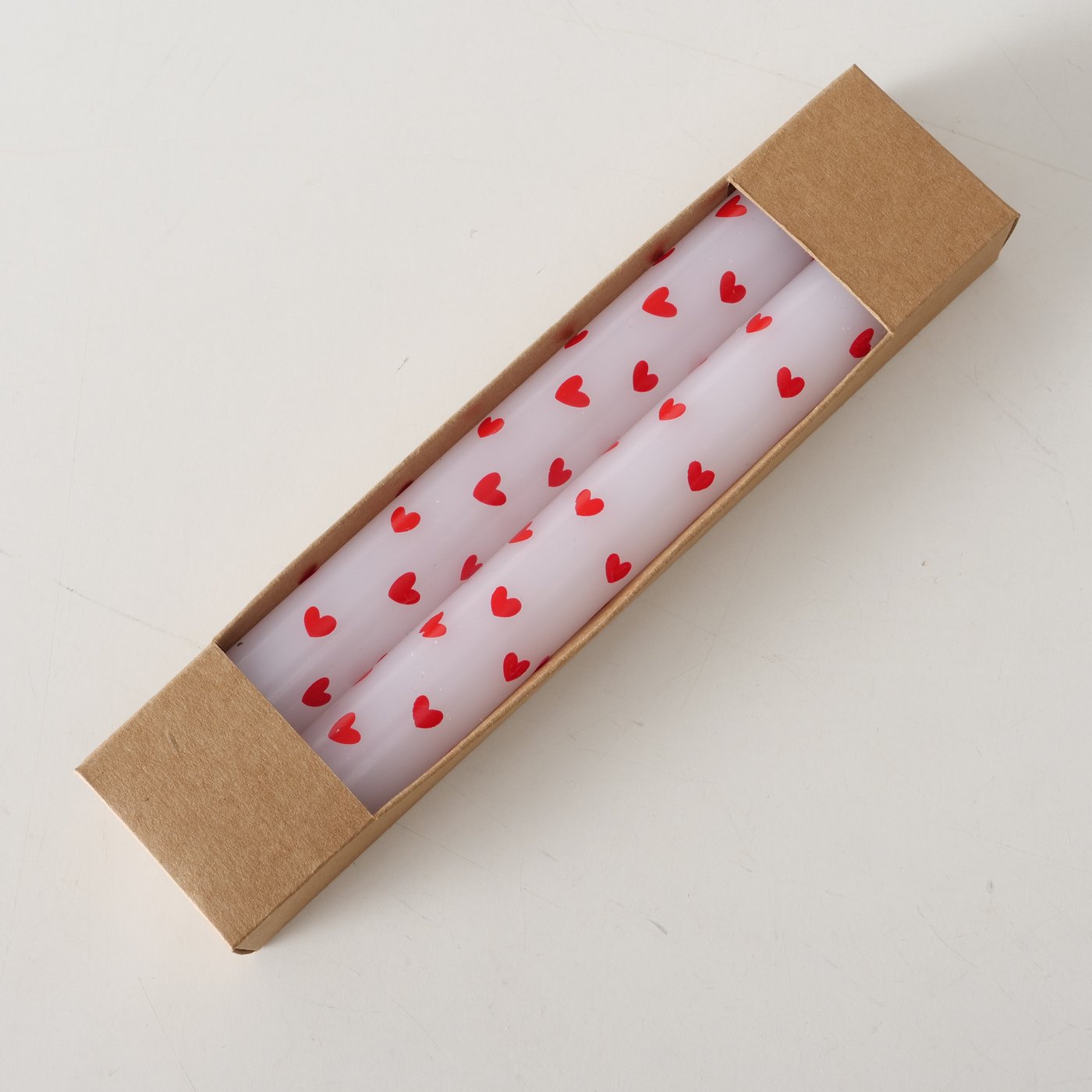 White Taper Candles with Red Hearts (Set of 2) | Decorative Dinner Candles