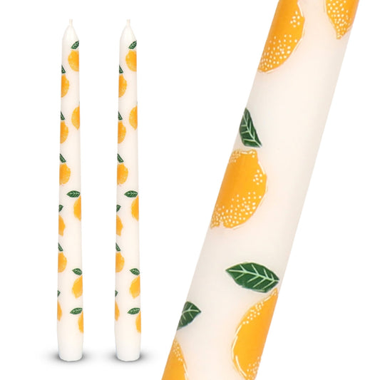 Lemon Taper Dinner Candles Set of 2 | Citrus Pattern Table Candles