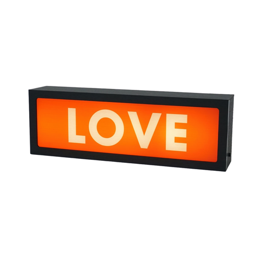 Rectangular light-up sign with 'LOVE' on an red background