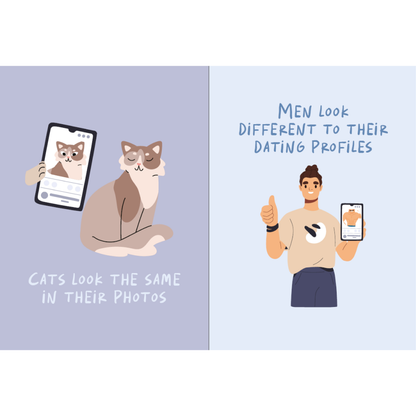 Cartoon illustration of a cat and a man with text about dating profiles on a light purple background.
