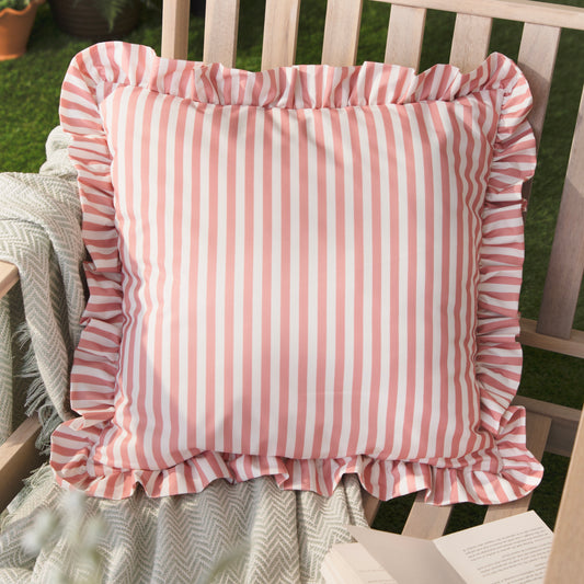 Millie Ruffle Outdoor Cushion 50x50cm | Pink Stripe Frill