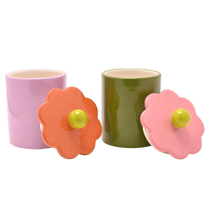 Raspberry Blossom Flower Storage Jars | Set of 2 Ceramic Pots