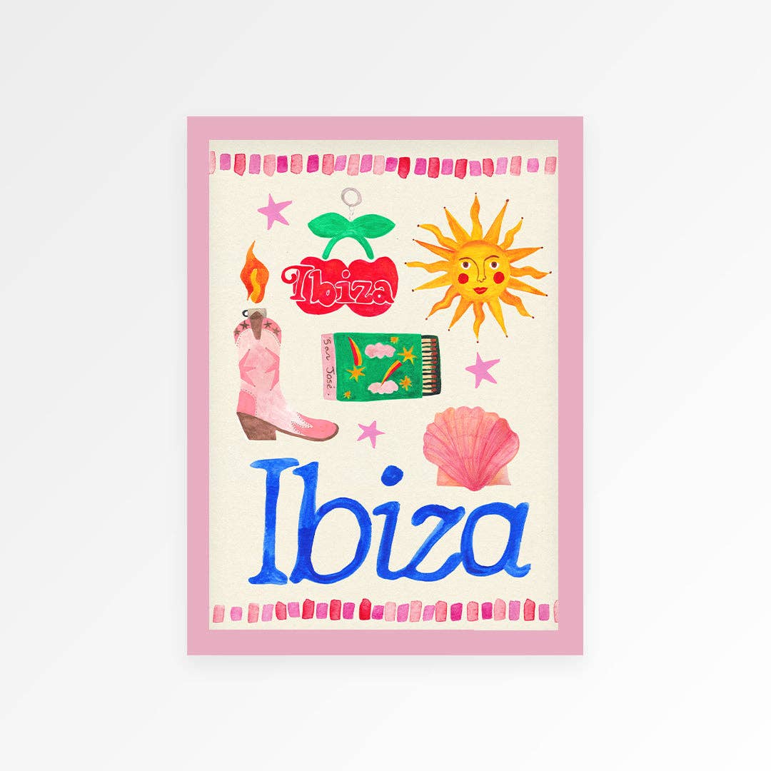 Colorful illustration of Ibiza-themed items with a pink border on a white background