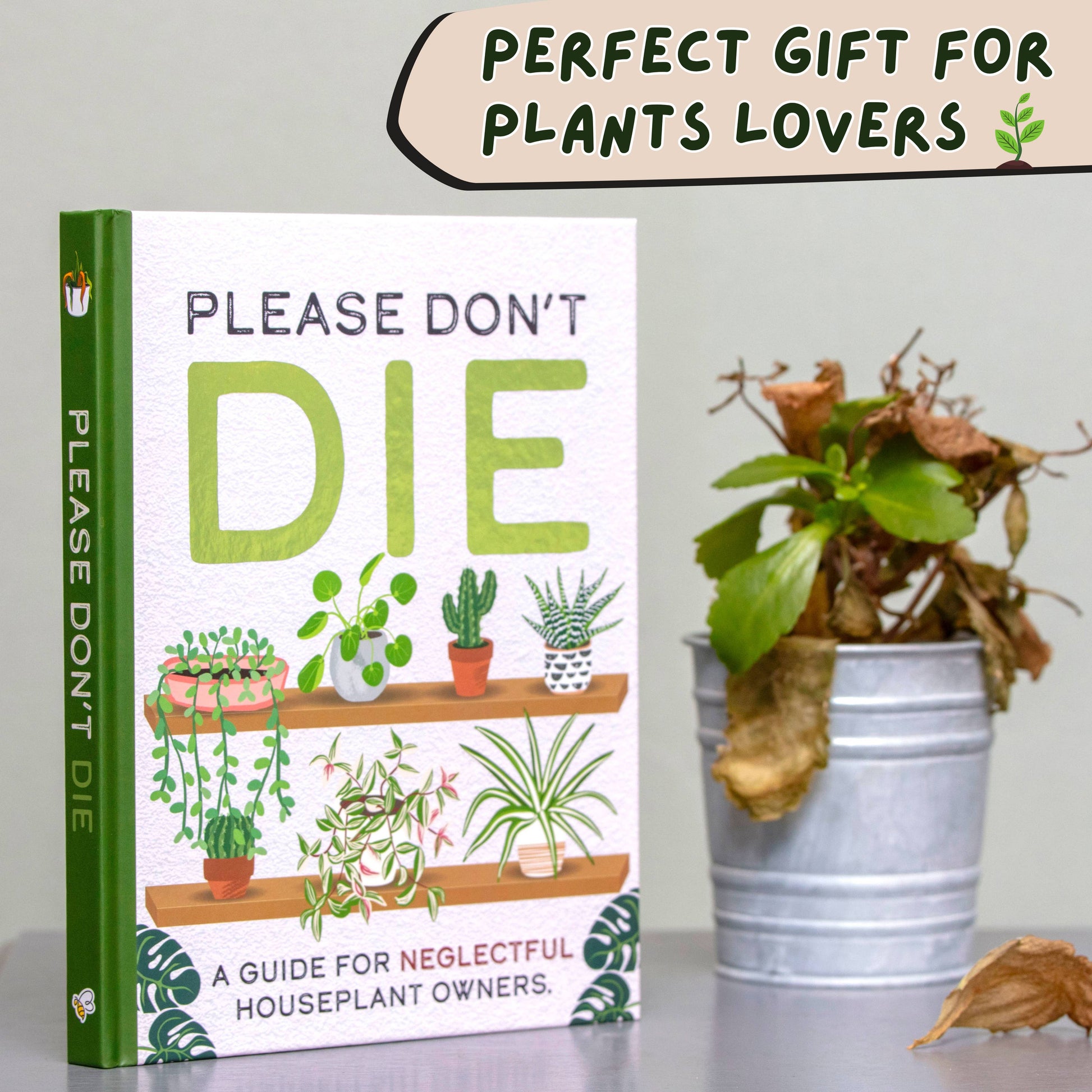 Book titled 'Please Don't Die' with a potted plant on a table, text 'Perfect Gift for Plants Lovers'.