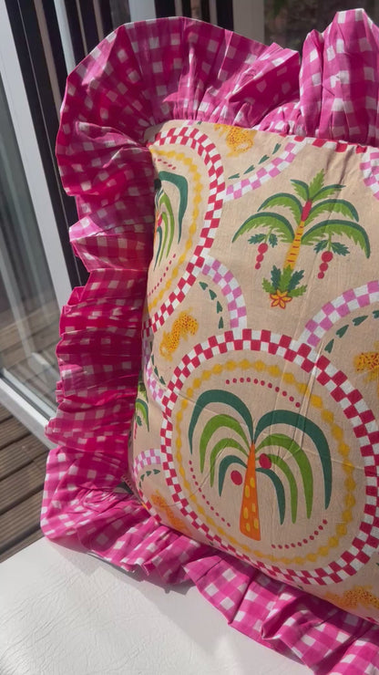 Palm Tree & Leopard Print Cushion Cover with Pink Gingham Frill | Maximalist Home Decor
