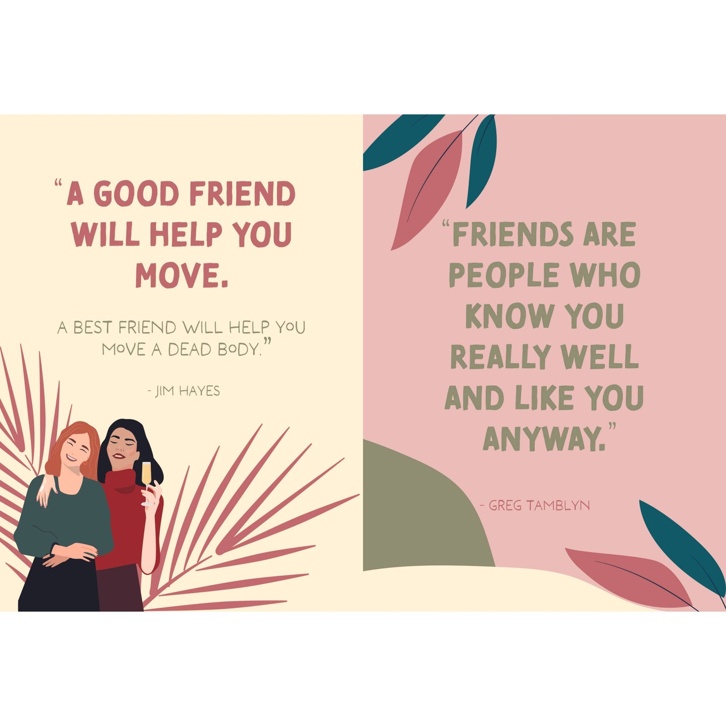 Two friends hugging with friendship quotes on a colorful background