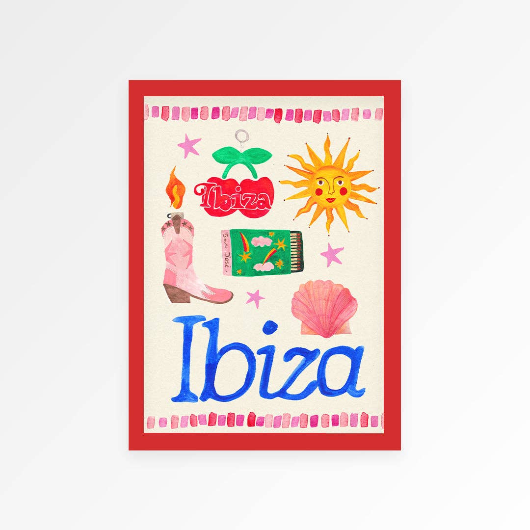 Colorful illustration of Ibiza-themed items with a red border on a white background