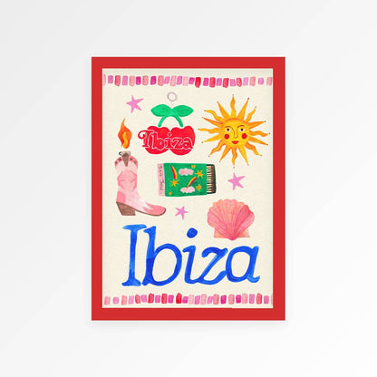Colorful illustration of Ibiza-themed items with a red border on a white background