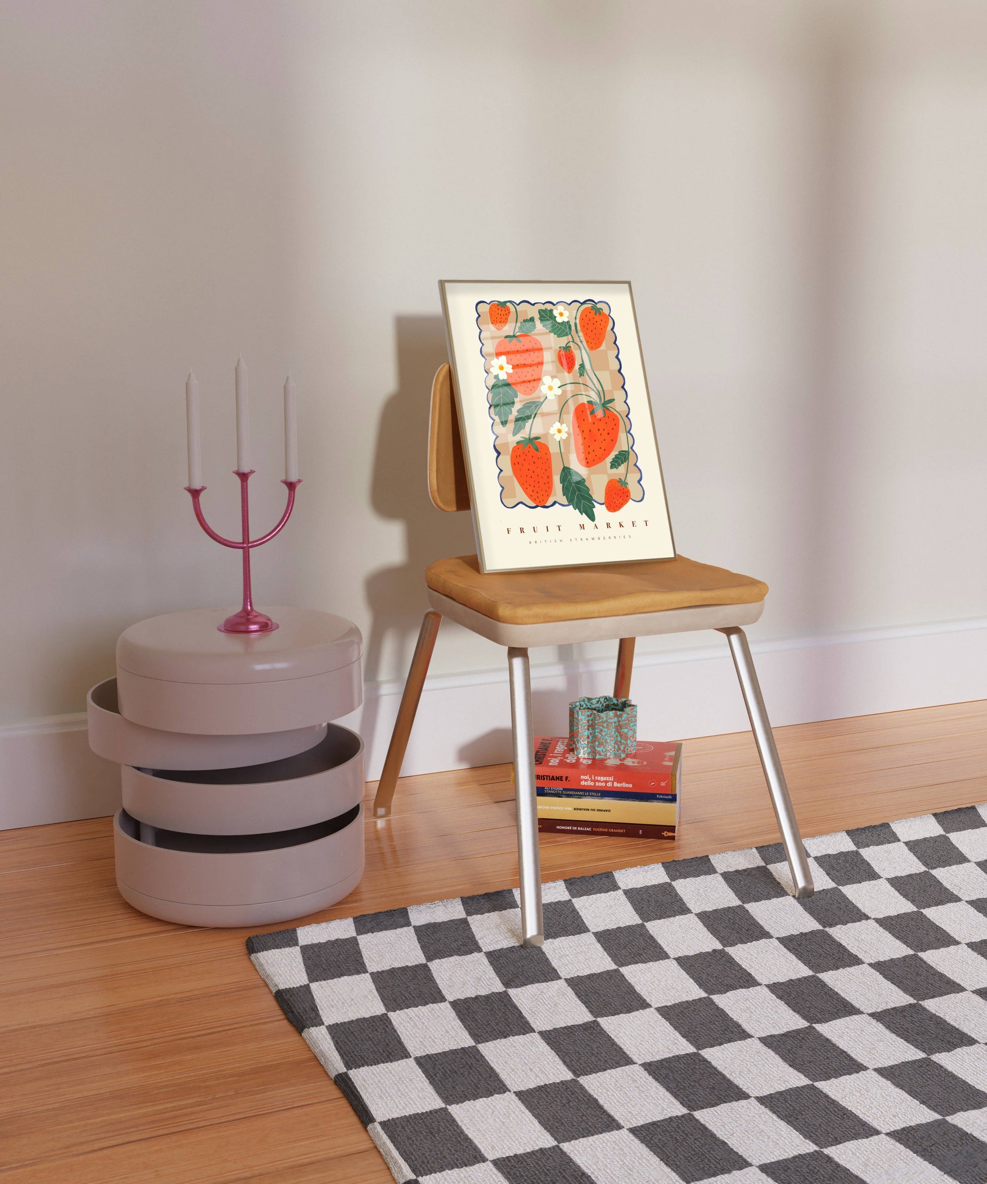 strawberry print fruit market  propped up on a chair