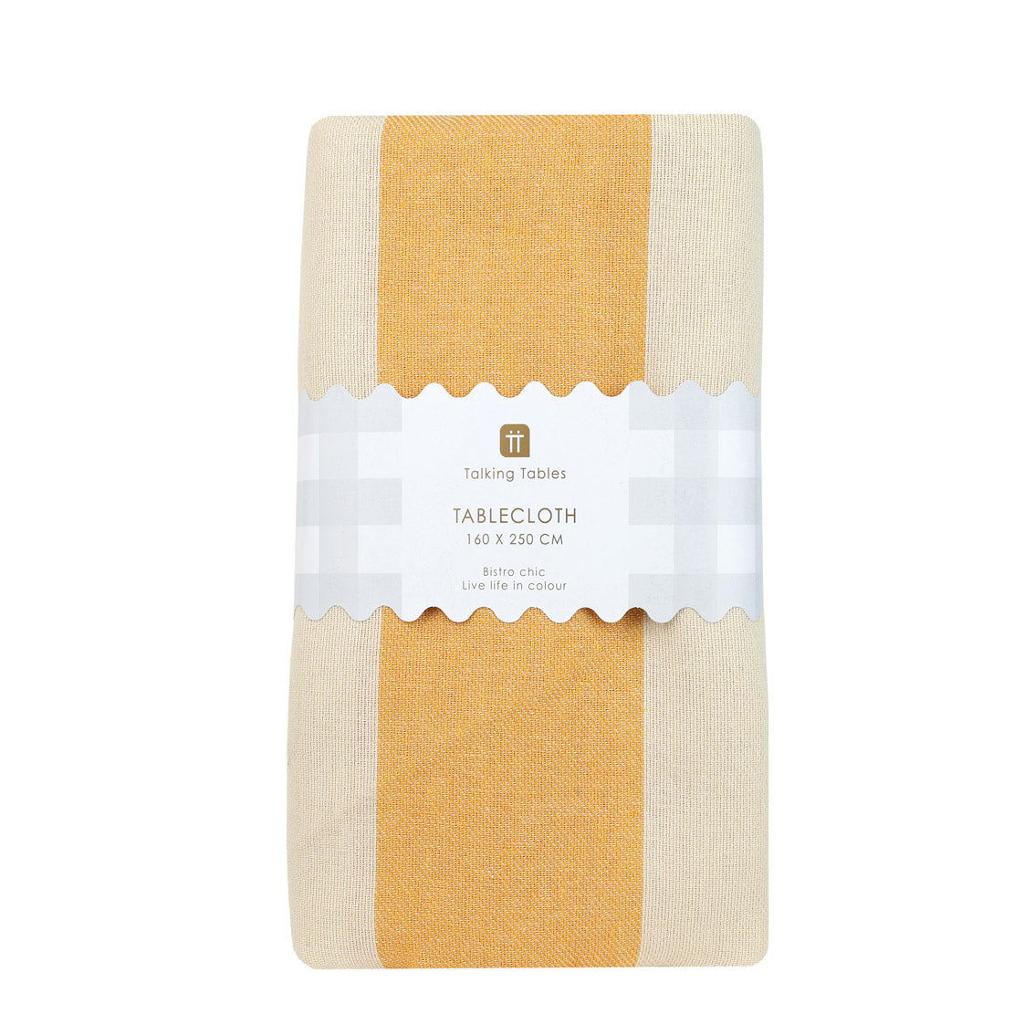 Packaged tablecloth with a yellow and beige design on a white background