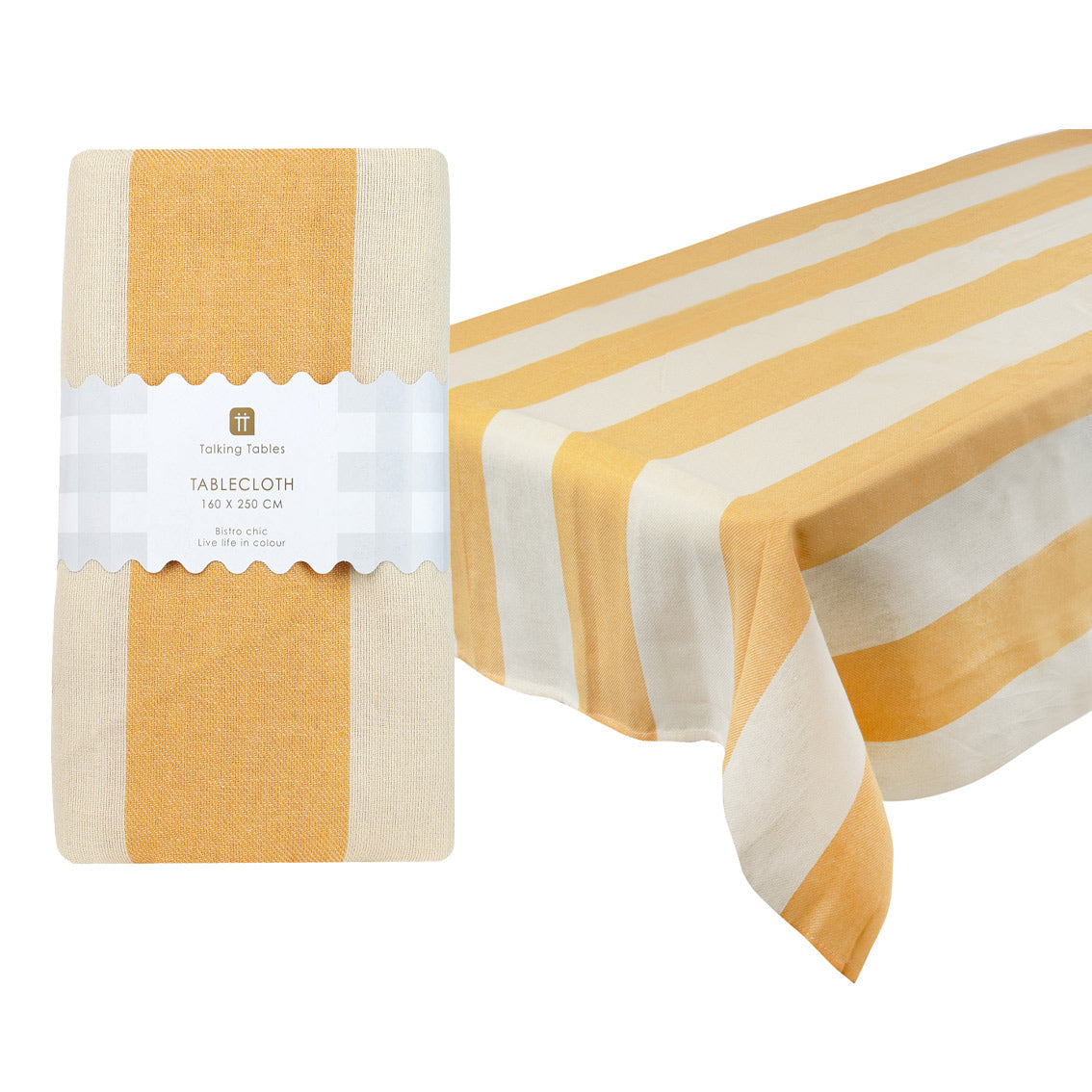 Yellow and white striped tablecloth with packaging on a white background